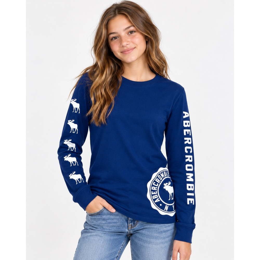 Abercrombie Kids Navy Moose Graphic Long Sleeve Shirt 13/14 Y2K Preppy